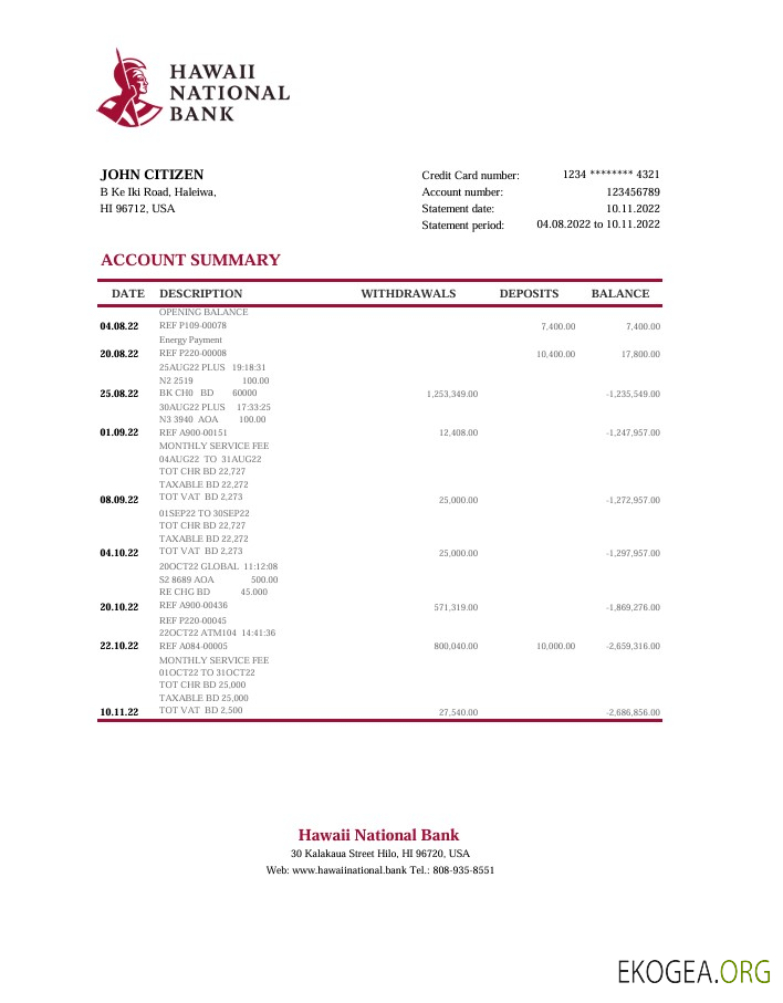 Modèle Excel et PDF de relevé de la Banque nationale d'Hawaï